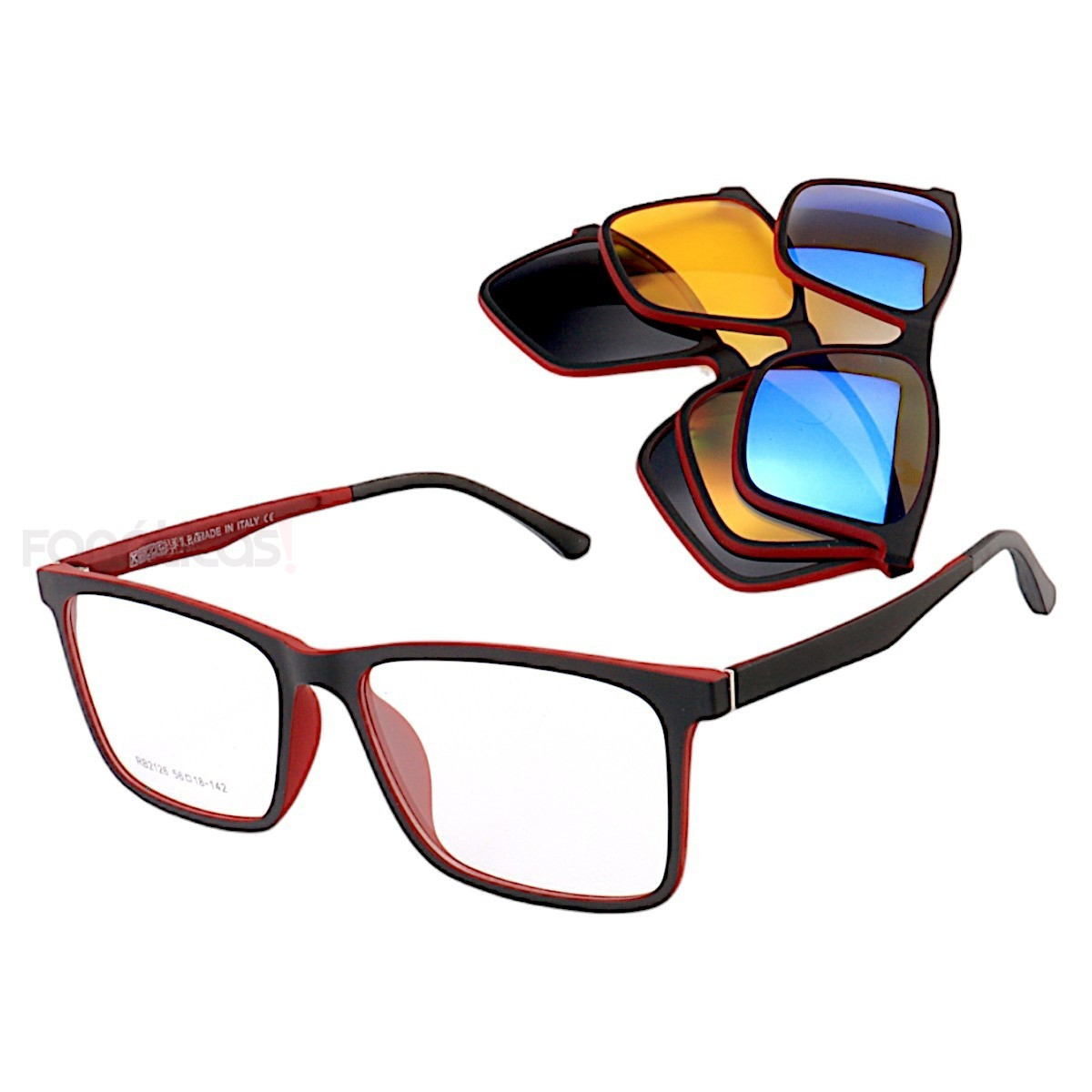 Armação de Óculos Clipon FN2126 3 Lentes Preto e Vermelho